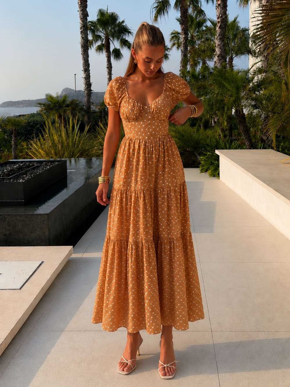 American Eagle Outfitters Tan Polka Dot Maxi Dress Corset Sweetheart Open back M